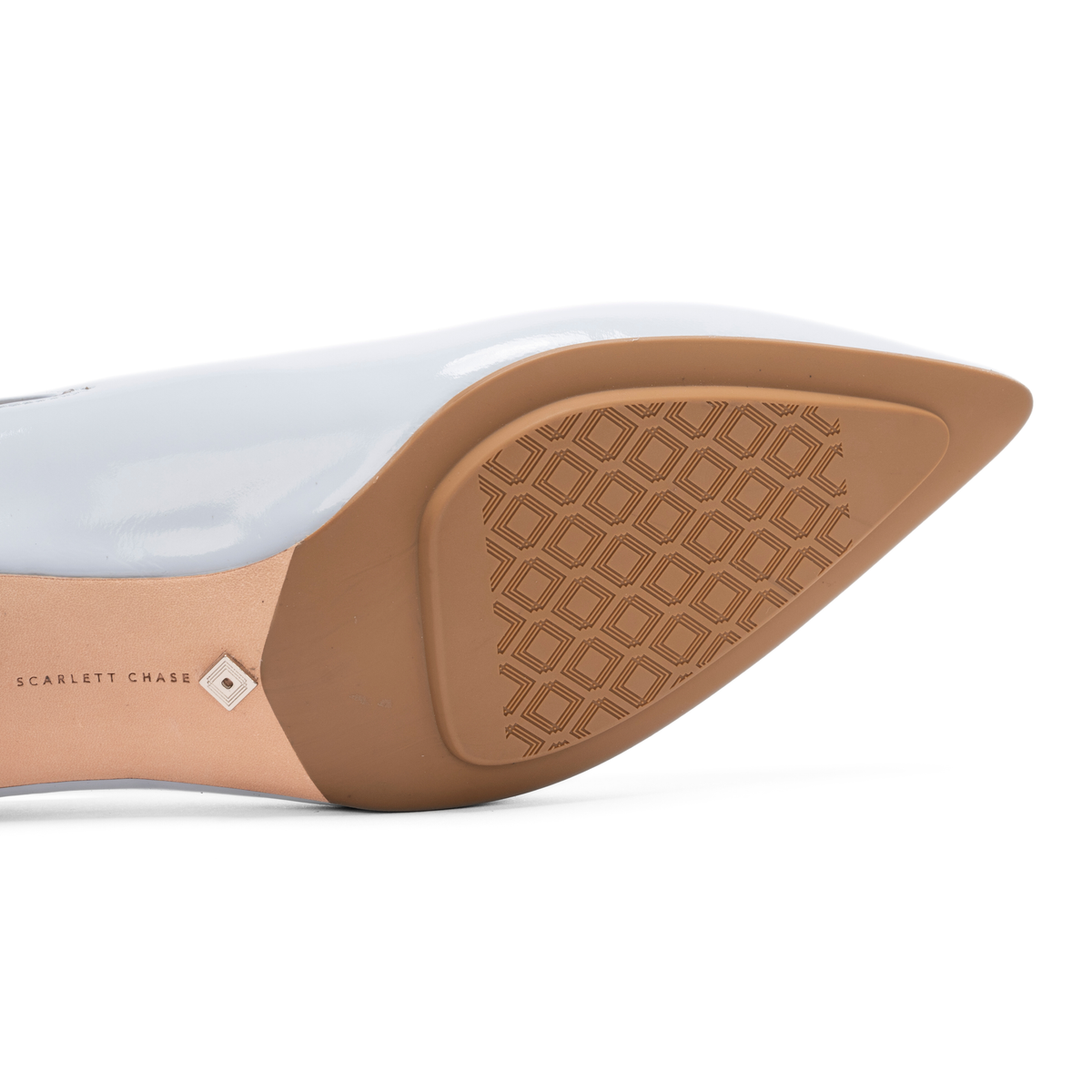 Scarlett Chase White Roma 55 Slingback with a stable, sculpted heel and an adjustable backstrap buckle | Outsole view on white background