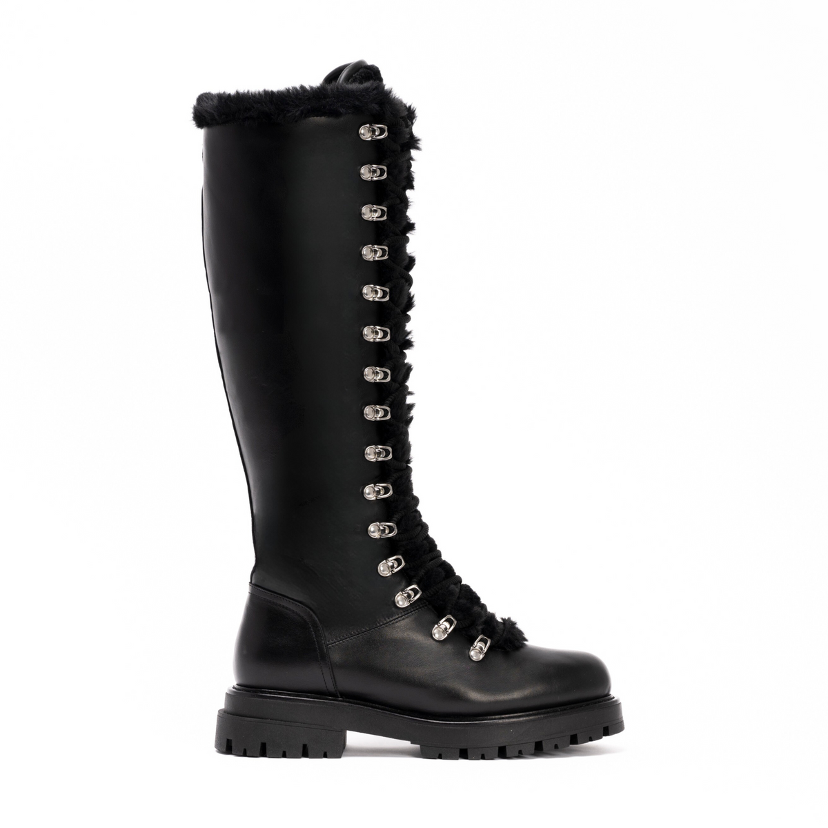 Scarlett Chase Aspen Knee-High Winter Shearling Boot in Black Leather with silver nickel eyelets and a black lace | shown in side view on white background