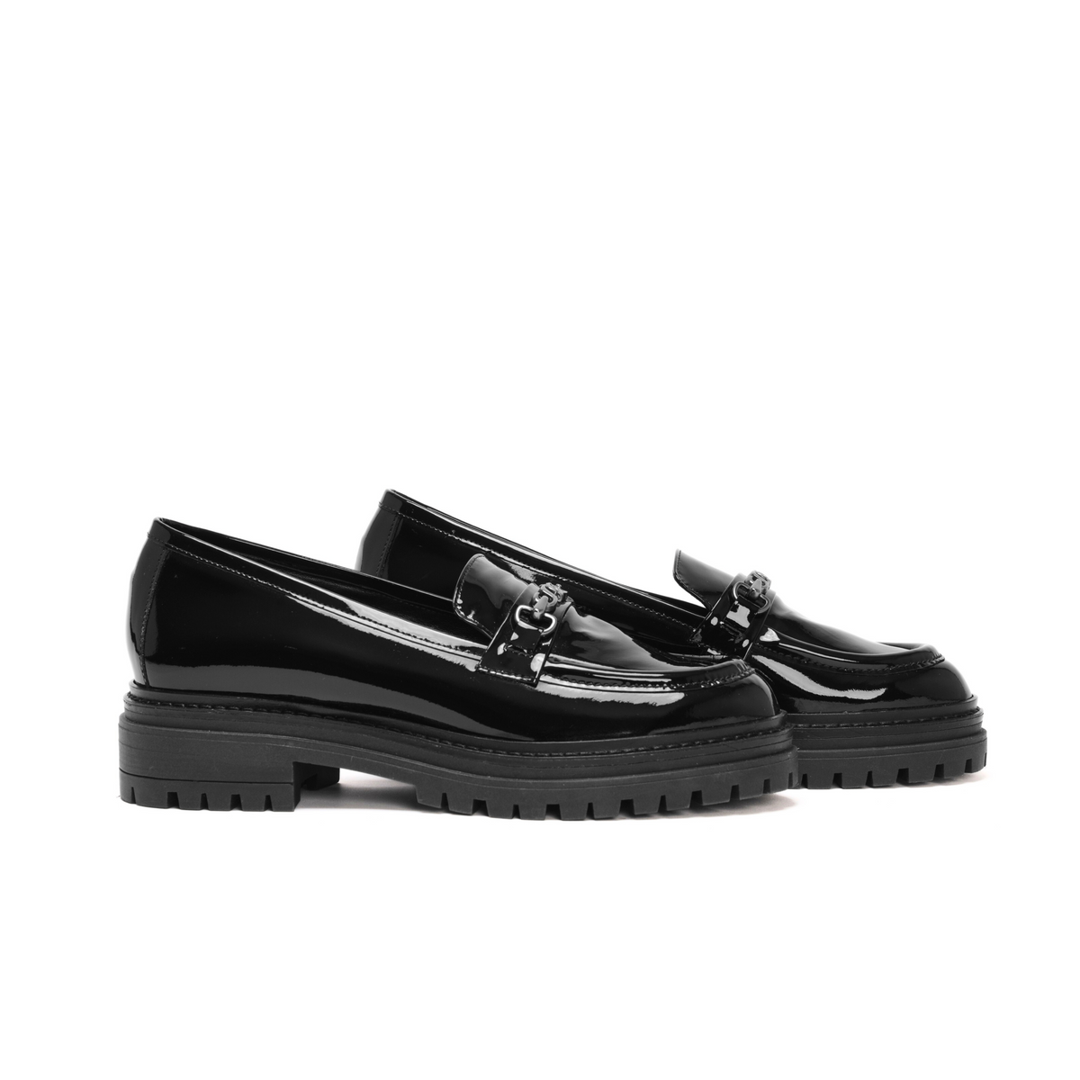 Scarlett Chase Arden Lug Loafer in Black Patent with a lightweight sole and SC accessory | Pic of two shoes staggered on white background