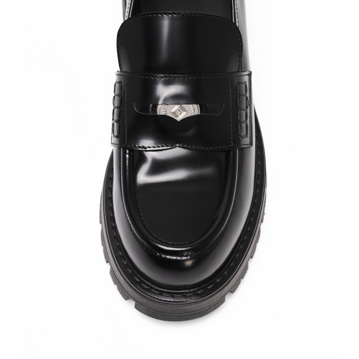 Scarlett Chase Ava Lug Penny Loafer in Black Leather with a lightweight sole and SC coin | overhead view, white background