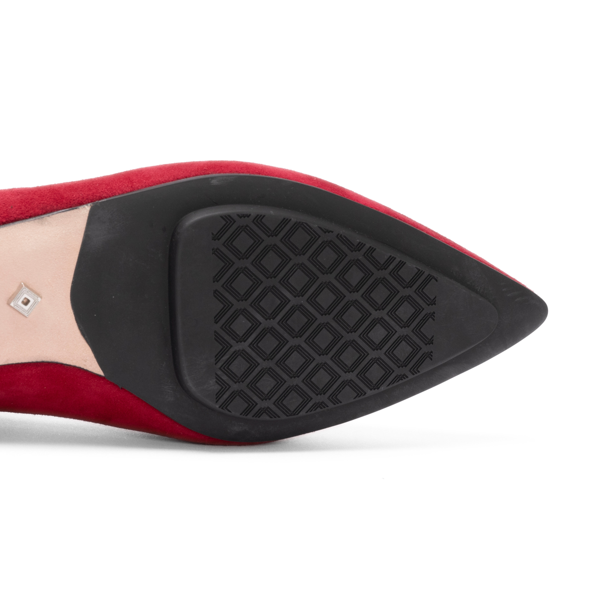 Scarlett Chase Belle Ballet Flat Red Suede with an adjustable Mary-Jane strap | Outsole on white background