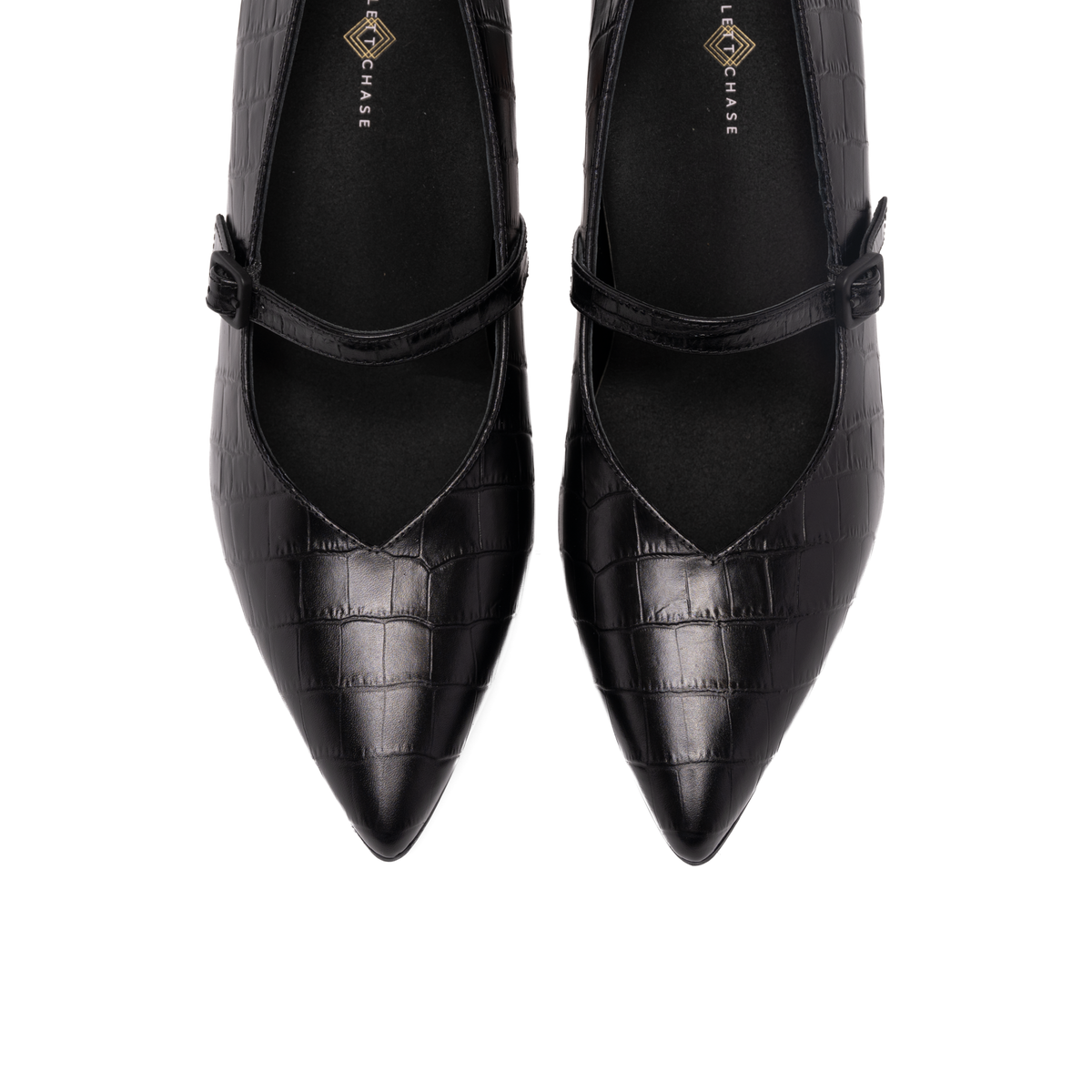 Scarlett Chase Brooke 75 Pump with a block heel and adjustable Mary Jane buckle strap | Black Croc Leather Overhead view on white background
