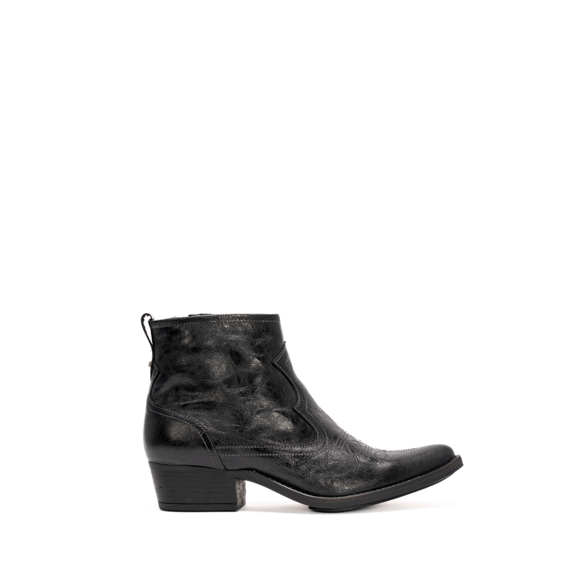 Scarlett Chase black leather Fiona cowboy bootie with decorative stitching and a side zipper | Profile on white background