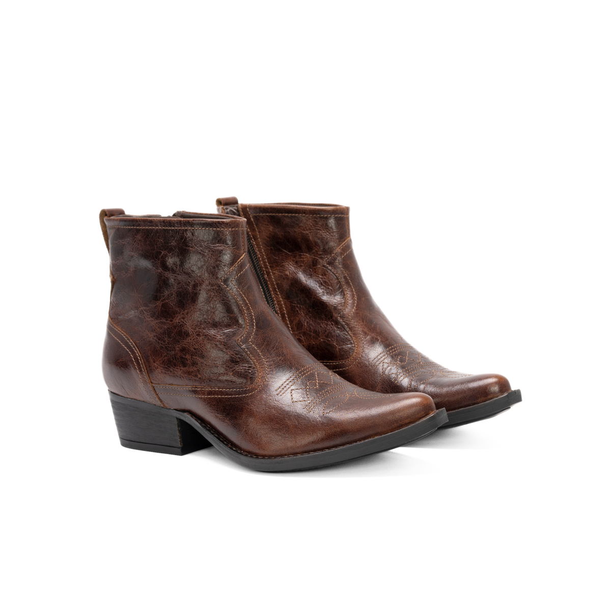 Scarlett Chase Mahogany leather Fiona cowboy bootie with decorative stitching and a side zipper | 3/4 view of pair facing towards the right on white background