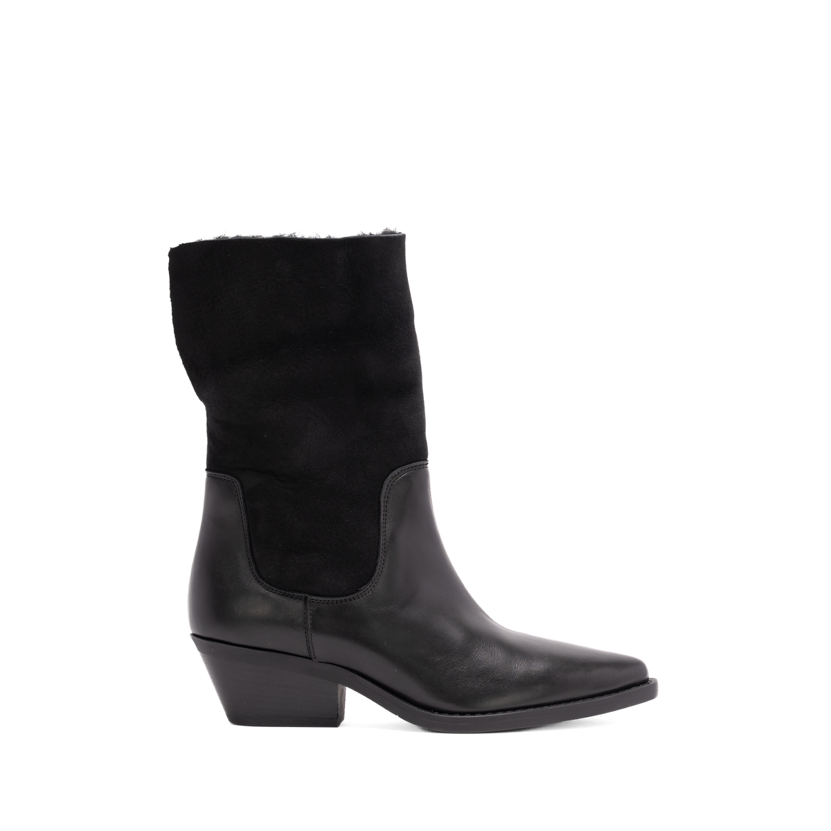 Scarlett Chase Forage pull on boot in chocolate leather with chocolate shearling collar | Side profile of boot with collar up facing right on white background