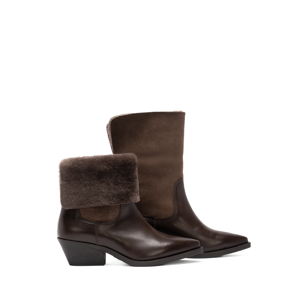 Scarlett Chase Forage pull on boot in chocolate leather with chocolate shearling collar | Side profile of pair facing right with one collar up and other collar down on white background