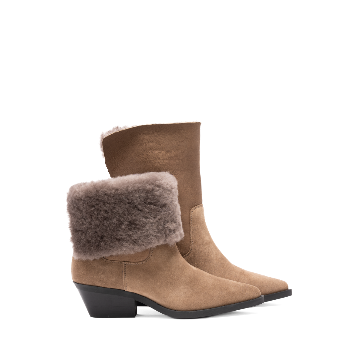 Scarlett Chase Forage pull on boot in taupe suede with taupe shearling collar | Side profile of pair facing right one with collar up and one with collar down on white background