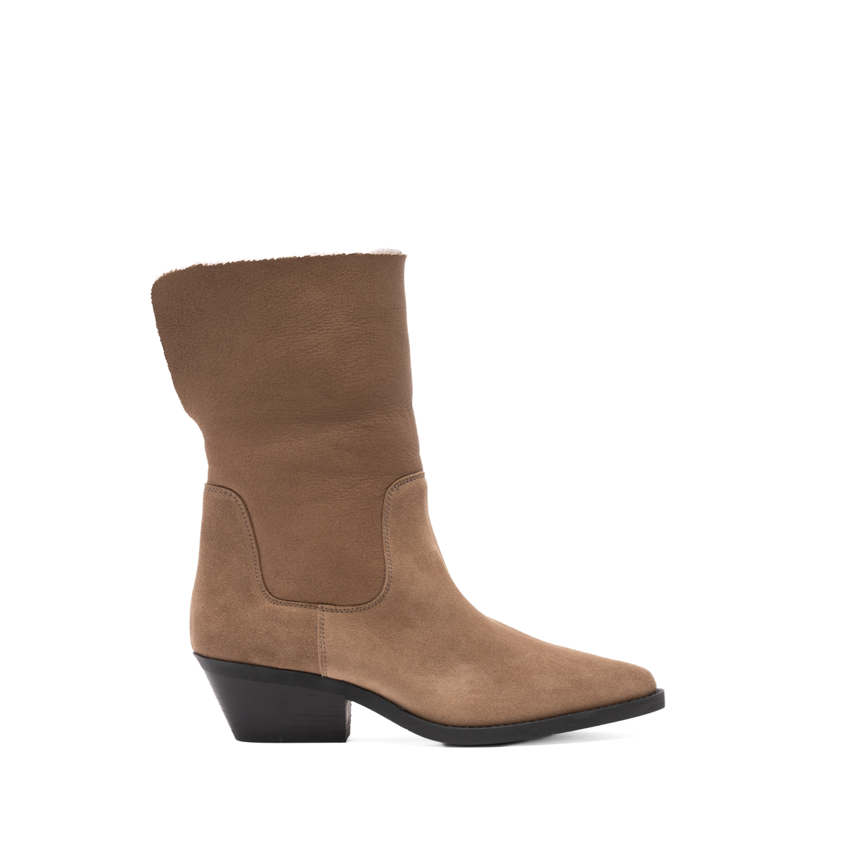 Scarlett Chase Forage pull on boot in taupe suede with taupe shearling collar | Side profile of 1 boot with collar up facing right on white background