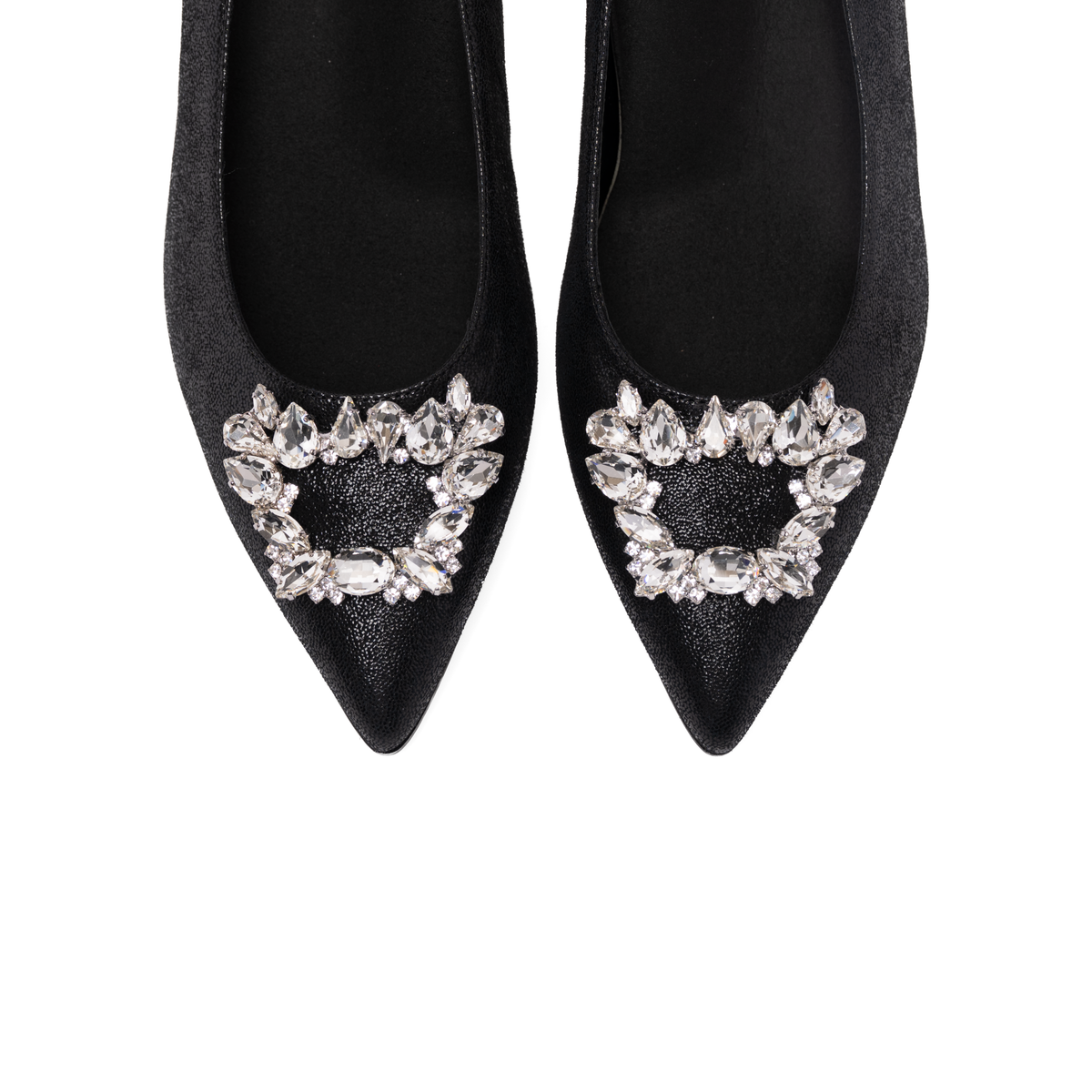 Scarlett Chase black metallic Grayson 55 Metallic Dress Pump with a rounded upper, sculpted heel, and a rhinestone toe accessory | Detail of toe accessory on white background