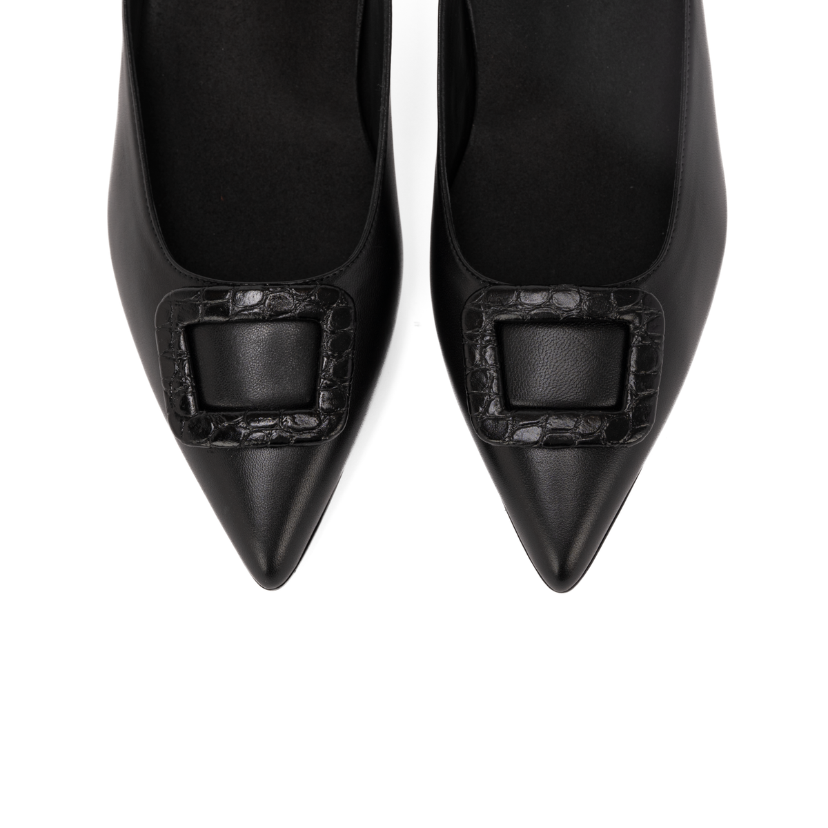 Scarlett Chase Row 75 Slingback Black Napa Leather with a sculpted heel and black croc Napa rectangular accessory | Overhead 3/4 view on white background