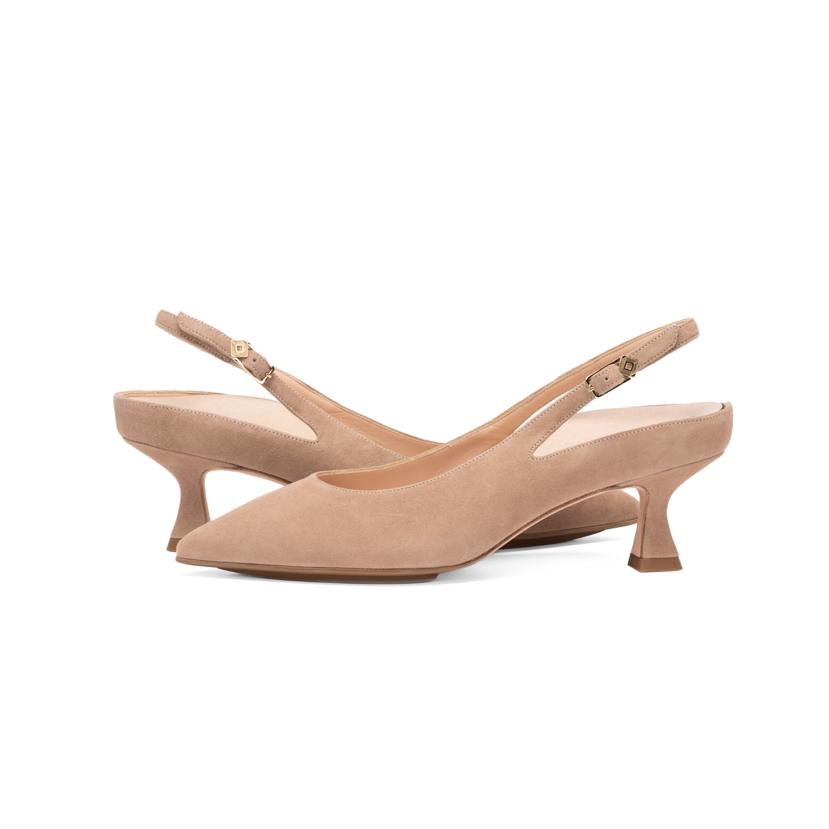 Scarlett Chase nude suede Reese 55 Slingback with a sculpted heel, an adjustable backstrap buckle, and a toe accessory | side view facing different directions on white background