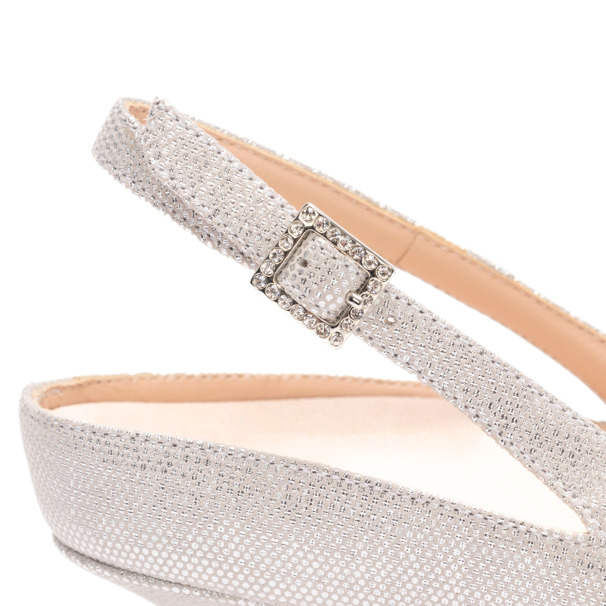 Scarlett Chase Silver metallic Roma 55 Slingback with a stable, sculpted heel and an adjustable backstrap buckle | Detail shot on white background
