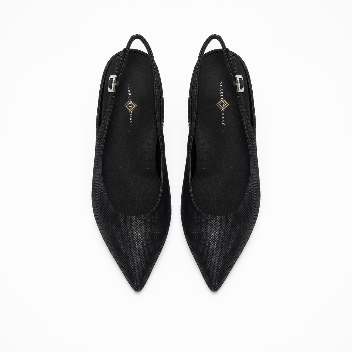 Scarlett Chase Black Rory 75 Slingback with a stable, sculpted heel and an adjustable backstrap buckle | Overhead view on white background