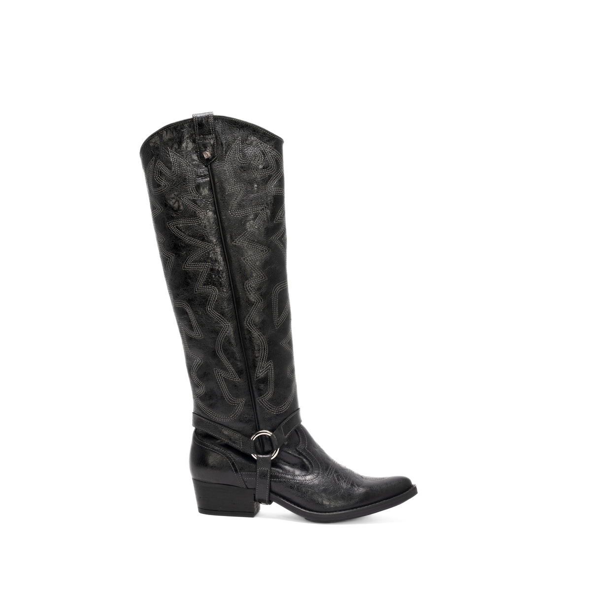 Scarlett Chase Mahogony and black leather Fiona cowboy bootie with decorative stitching and a side zipper and interchangeable knee-high gaiter with decorative sticking and clip-on straps| Profile of bootie and knee-high gaiter attached on white background