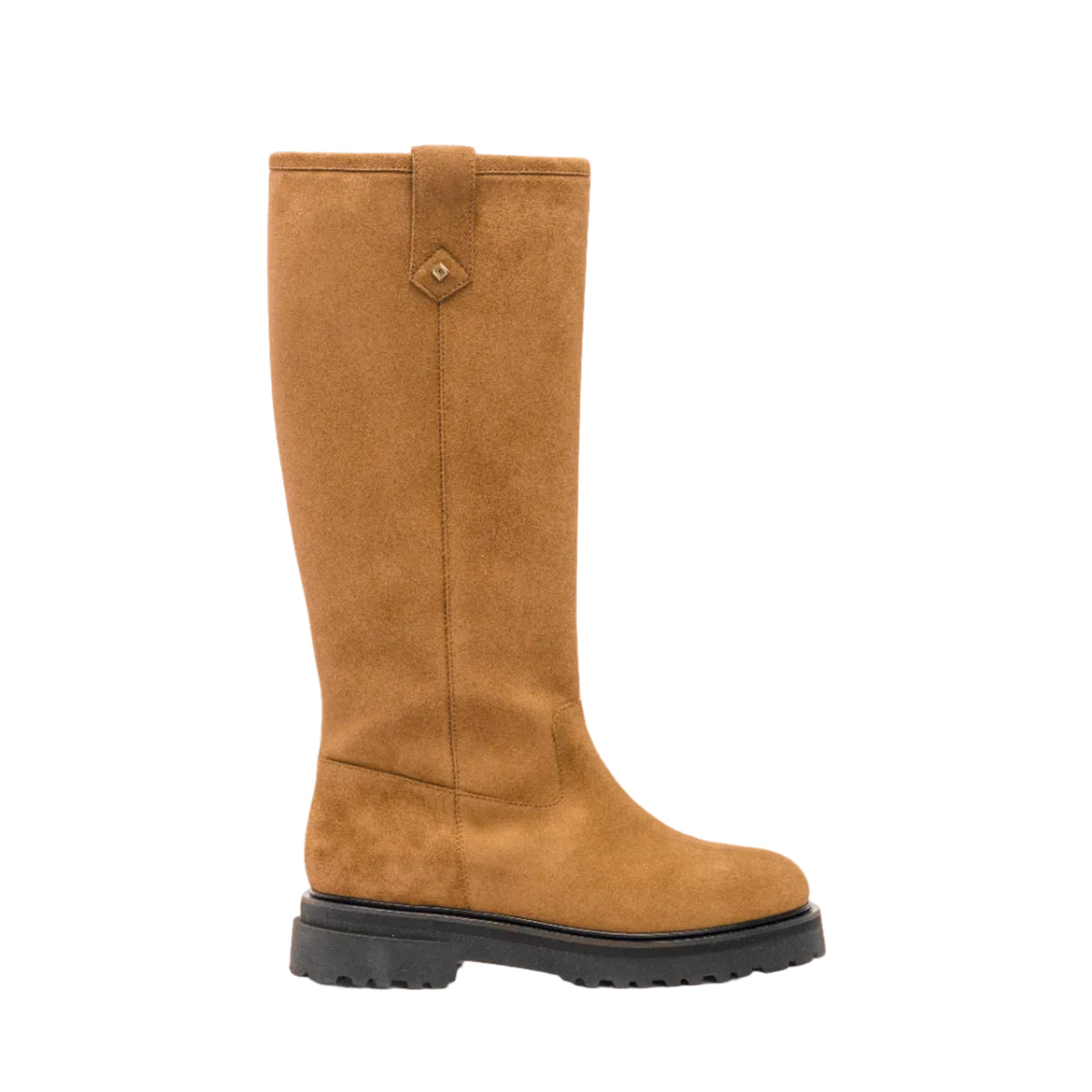 A single mid-calf boot in tan suede with a black sole, shown in profile against a plain white background.