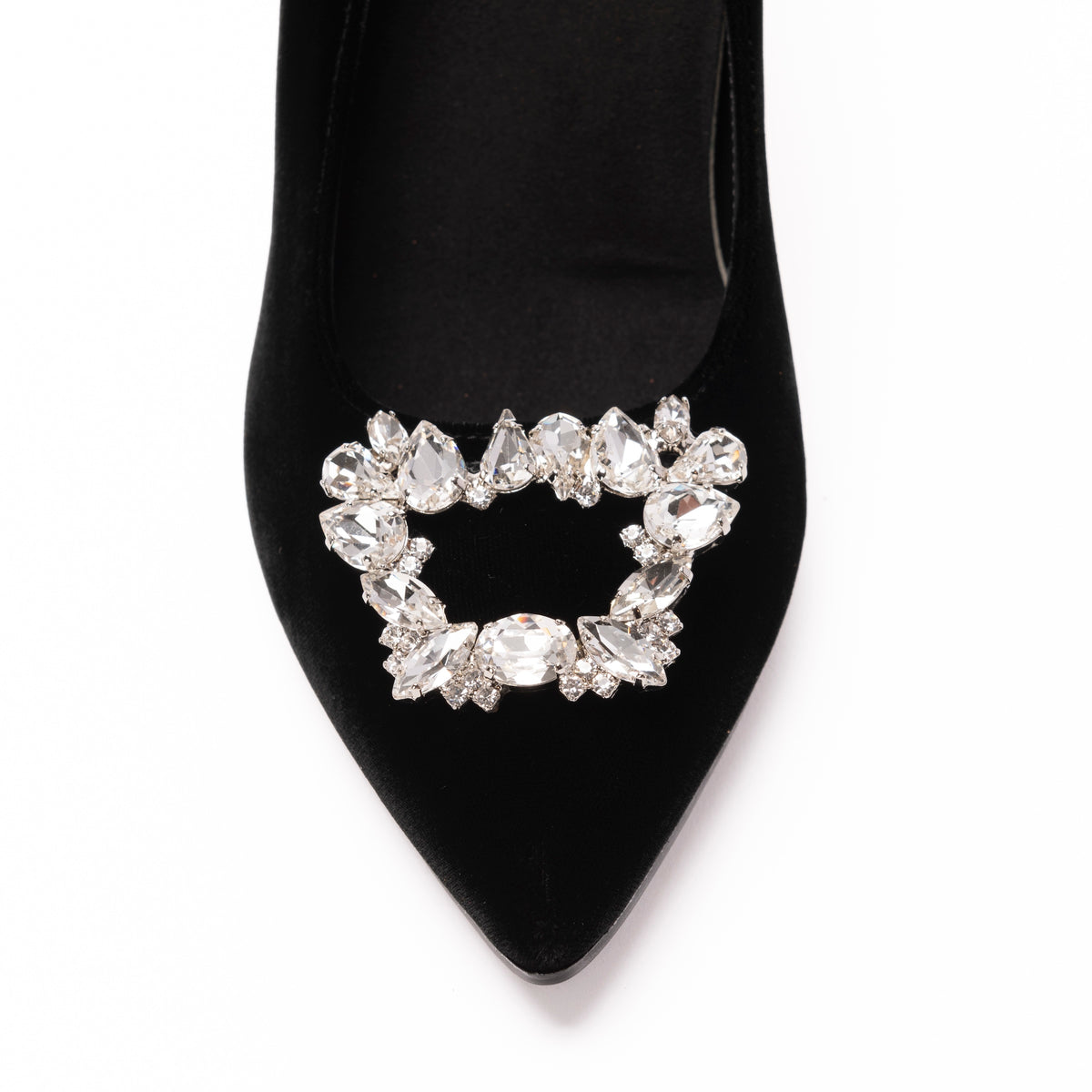 Scarlett Chase Seine 75 Pump in Black Velvet with SC toe broach accessory | Overhead 3/4 view on white background