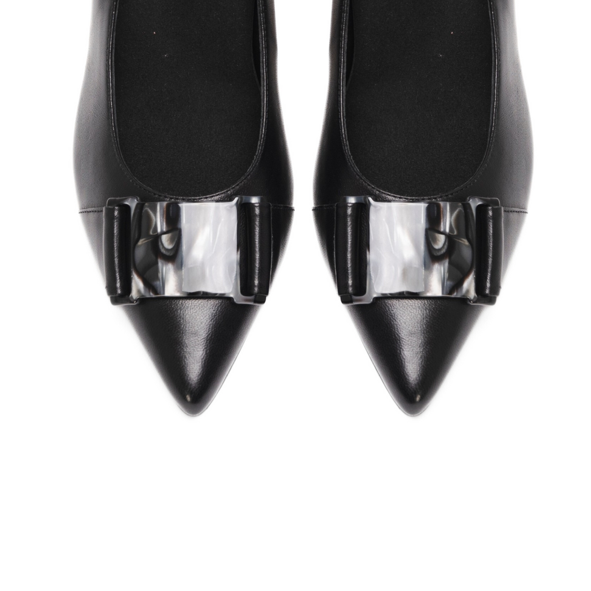 Scarlett Chase Black Napa leather Sofia 75 Pump with a black and grey resin accessory | Overhead 3/4 view on white background