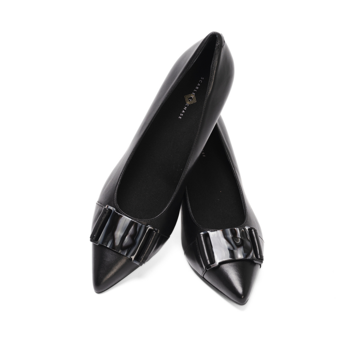 Scarlett Chase Black Napa leather Sofia 75 Pump with a black and grey resin accessory | Overhead profile on white background