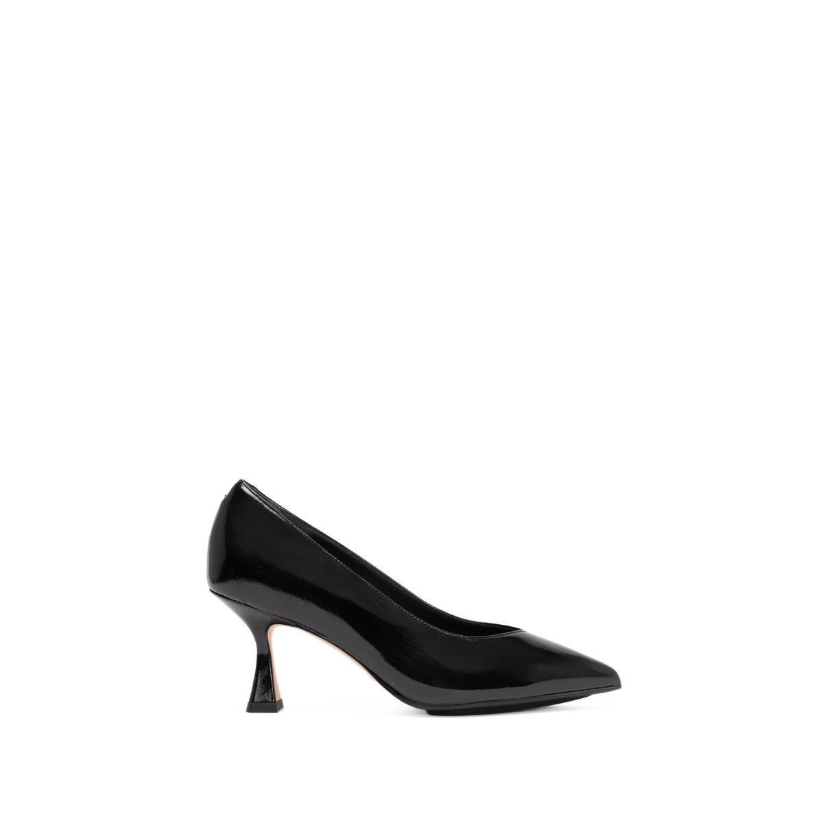 Scarlett Chase Soiree 75 Pump Black Patent with a V-cut upper and sculpted heel | Profile on white background