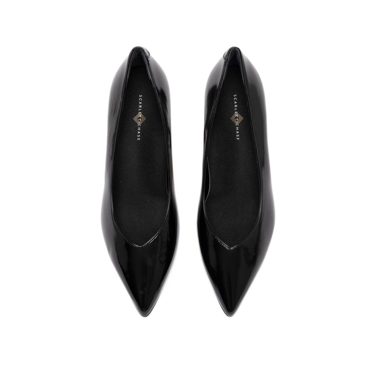Scarlett Chase Soiree 75 Pump Black Patent with a V-cut upper and sculpted heel | Overhead view on white background