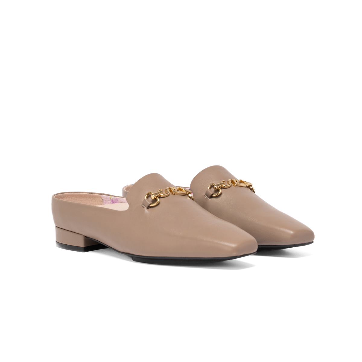 Scarlett Chase Weston Mule in Taupe Napa with floral lining and an SC gold accessory | Profile on white background