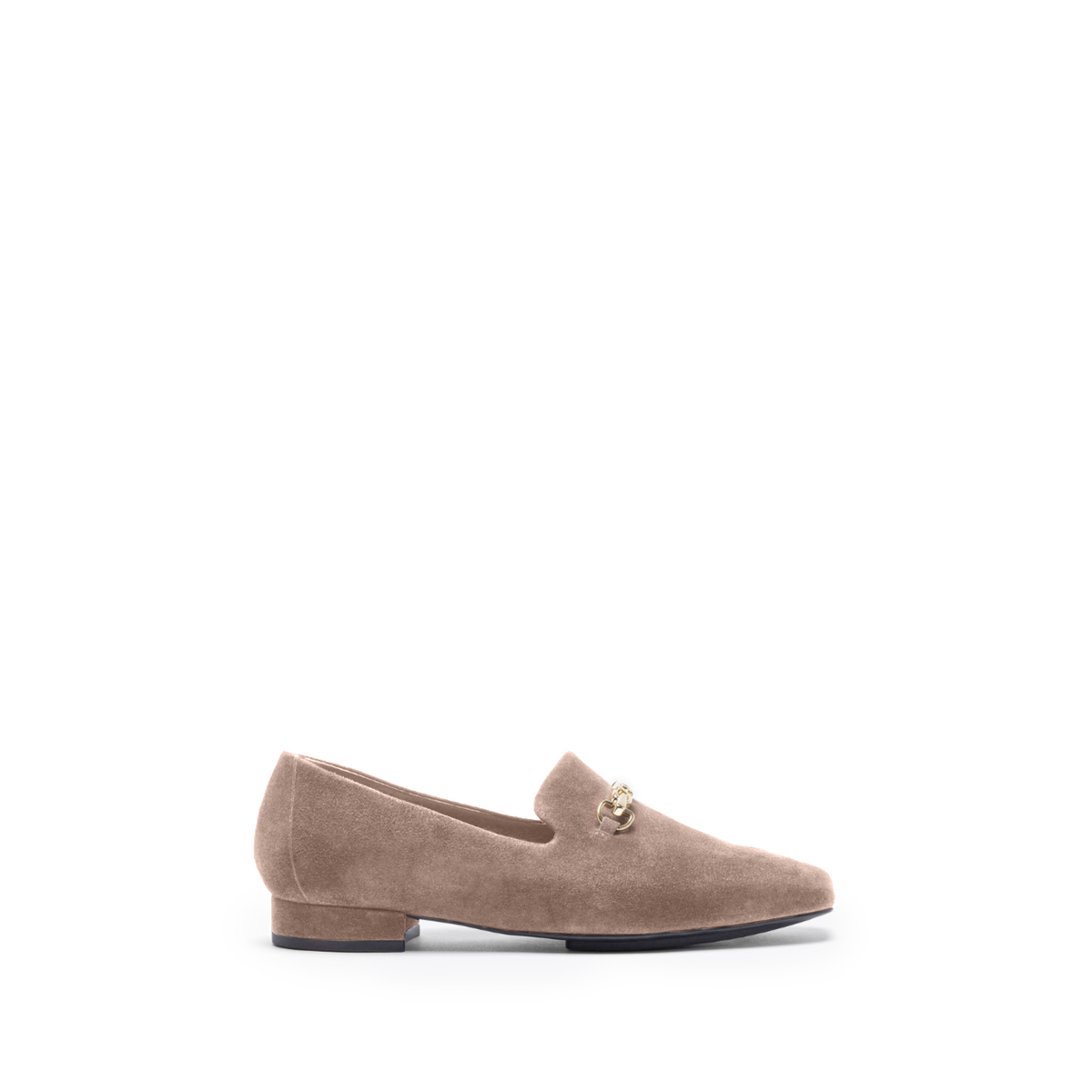 Scarlett Chase taupe suede Chase loafer with champagne SC accessory and floral lining | Profile on white background