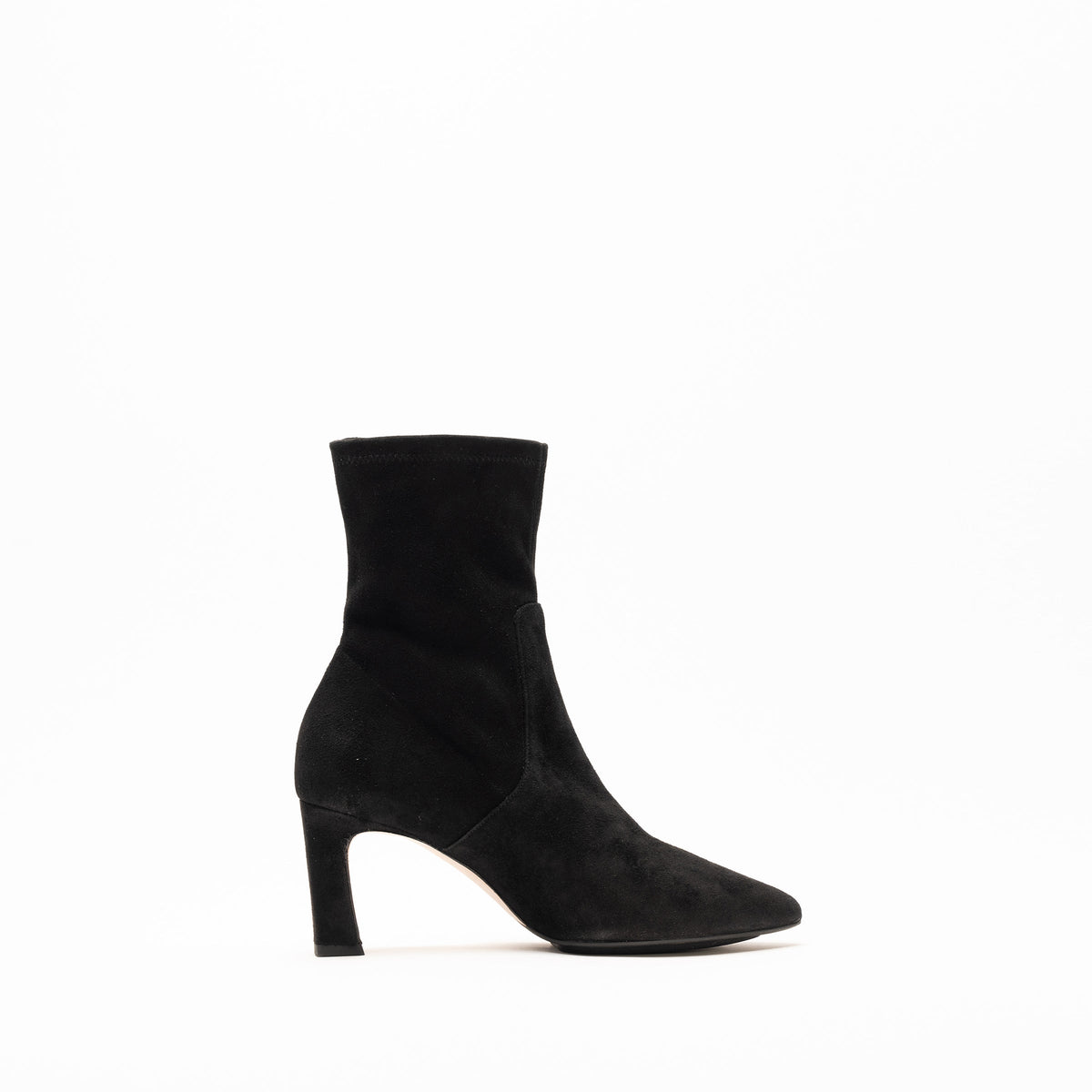 Scarlett Chase ankle stretch black suede Portia 75 bootie with a block heel | Profile on white background