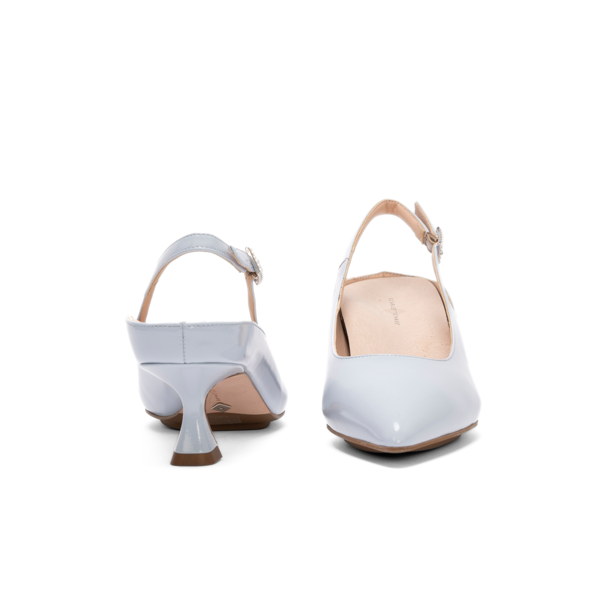 Scarlett Chase White Roma 55 Slingback with a stable, sculpted heel and an adjustable backstrap buckle | Front and Back view on white background