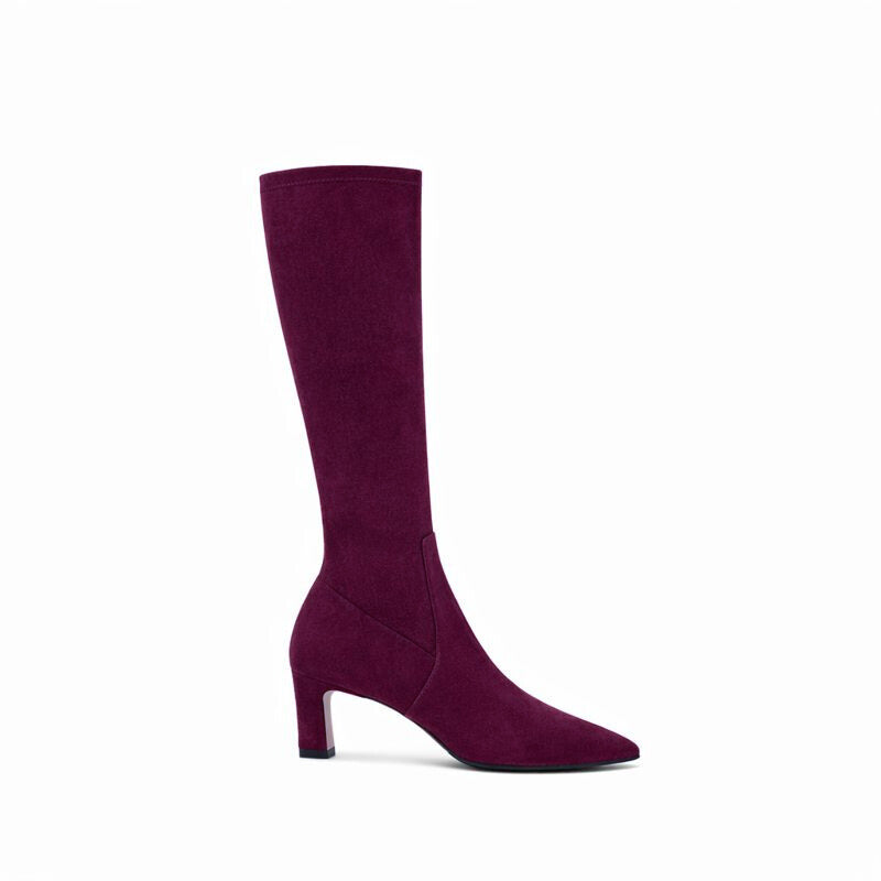 Scarlett Chase knee-high wine stretch suede Clara 55 boot with a block heel  | Profile on white background