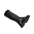 Scarlett Chase Aspen Knee-High Winter Shearling Boot in Black Leather with silver nickel eyelets and a black lace | shown in side view laying flat on white background