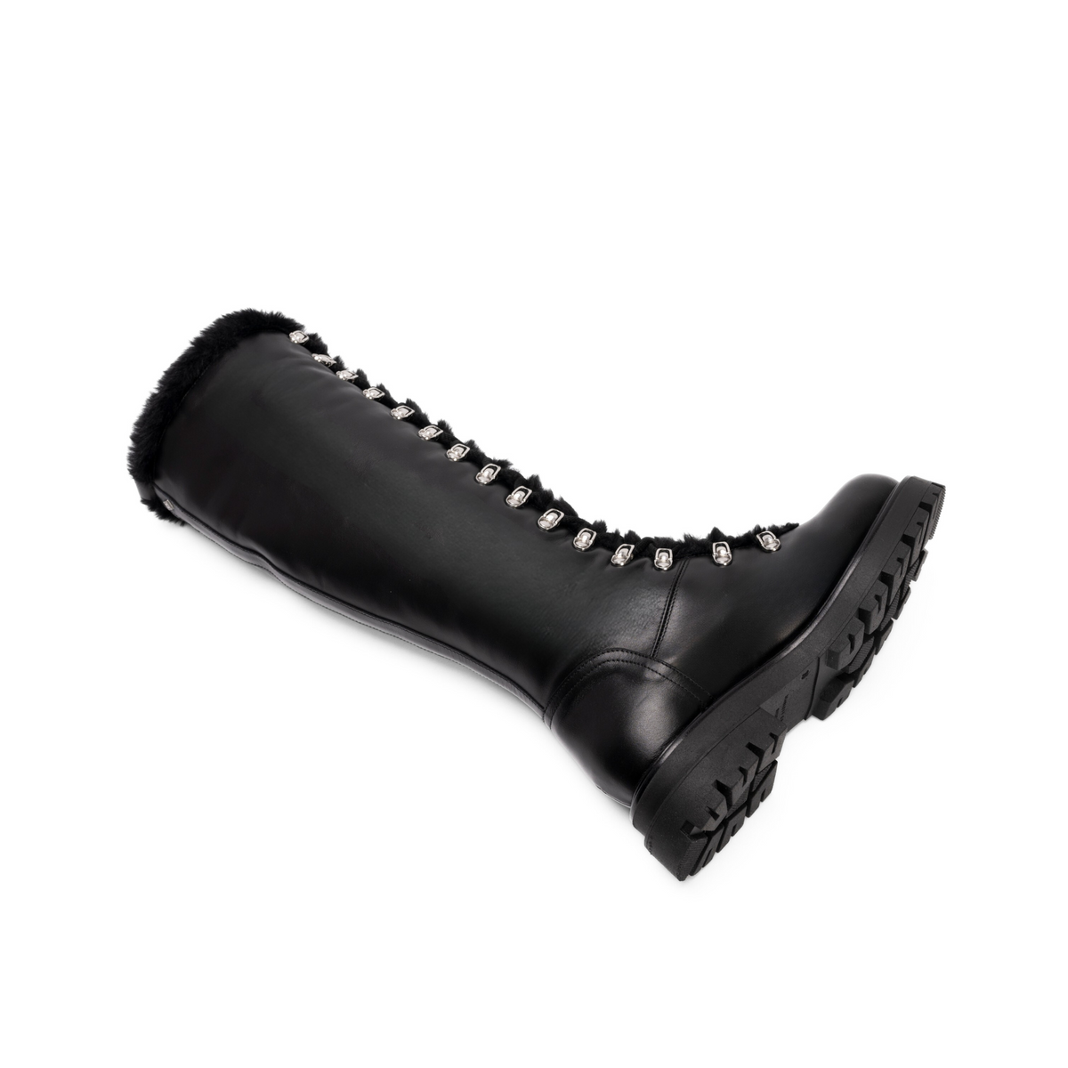 Scarlett Chase Aspen Knee-High Winter Shearling Boot in Black Leather with silver nickel eyelets and a black lace | shown in side view laying flat on white background