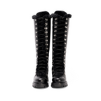 Scarlett Chase Aspen Knee-High Winter Shearling Boot in Black leather with silver nickel eyelets and a black lace | Showing full frontal view on white background 