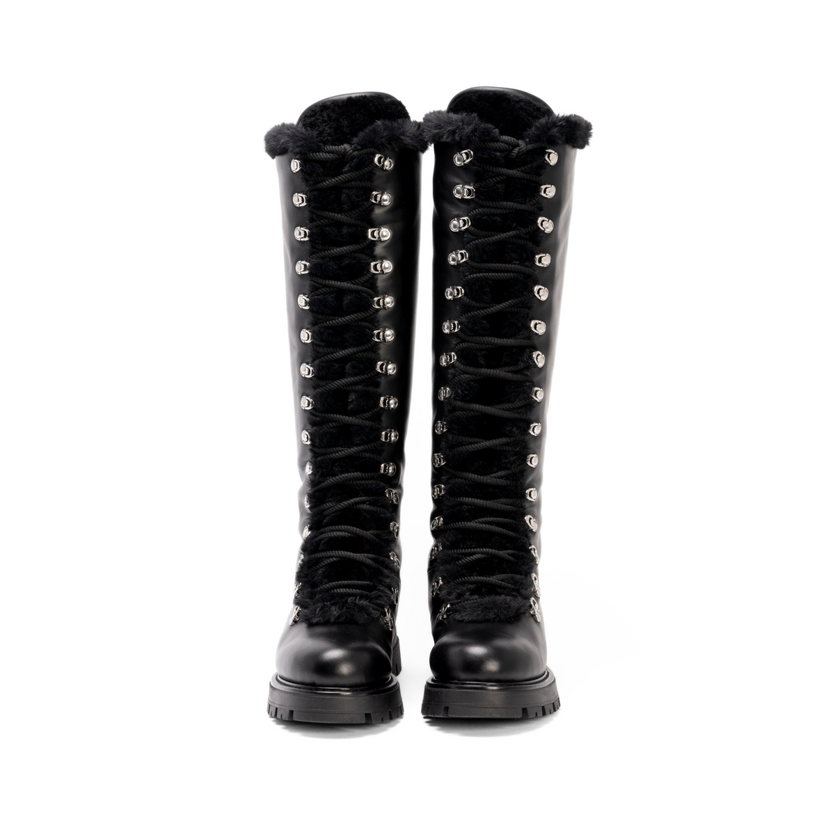 Scarlett Chase Aspen Knee-High Winter Shearling Boot in Black leather with silver nickel eyelets and a black lace | Showing full frontal view on white background 