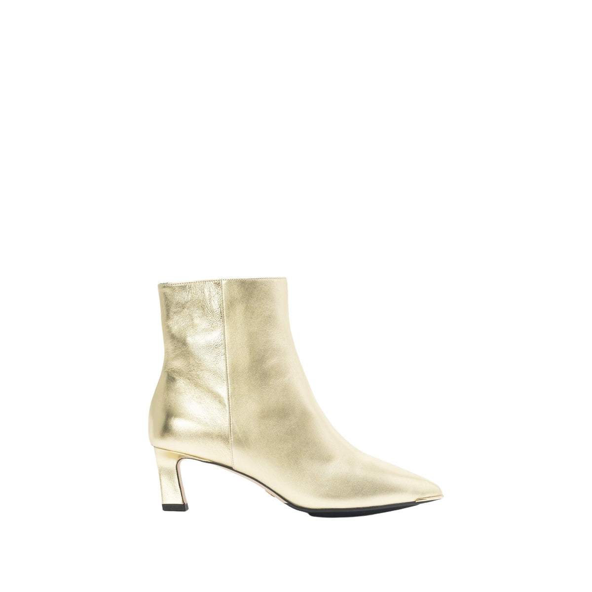 Scarlett Chase gold metallic ankle zip Aimee 55 bootie with a block heel and gore stretch | Profile of right side of right shoe facing right on white background
