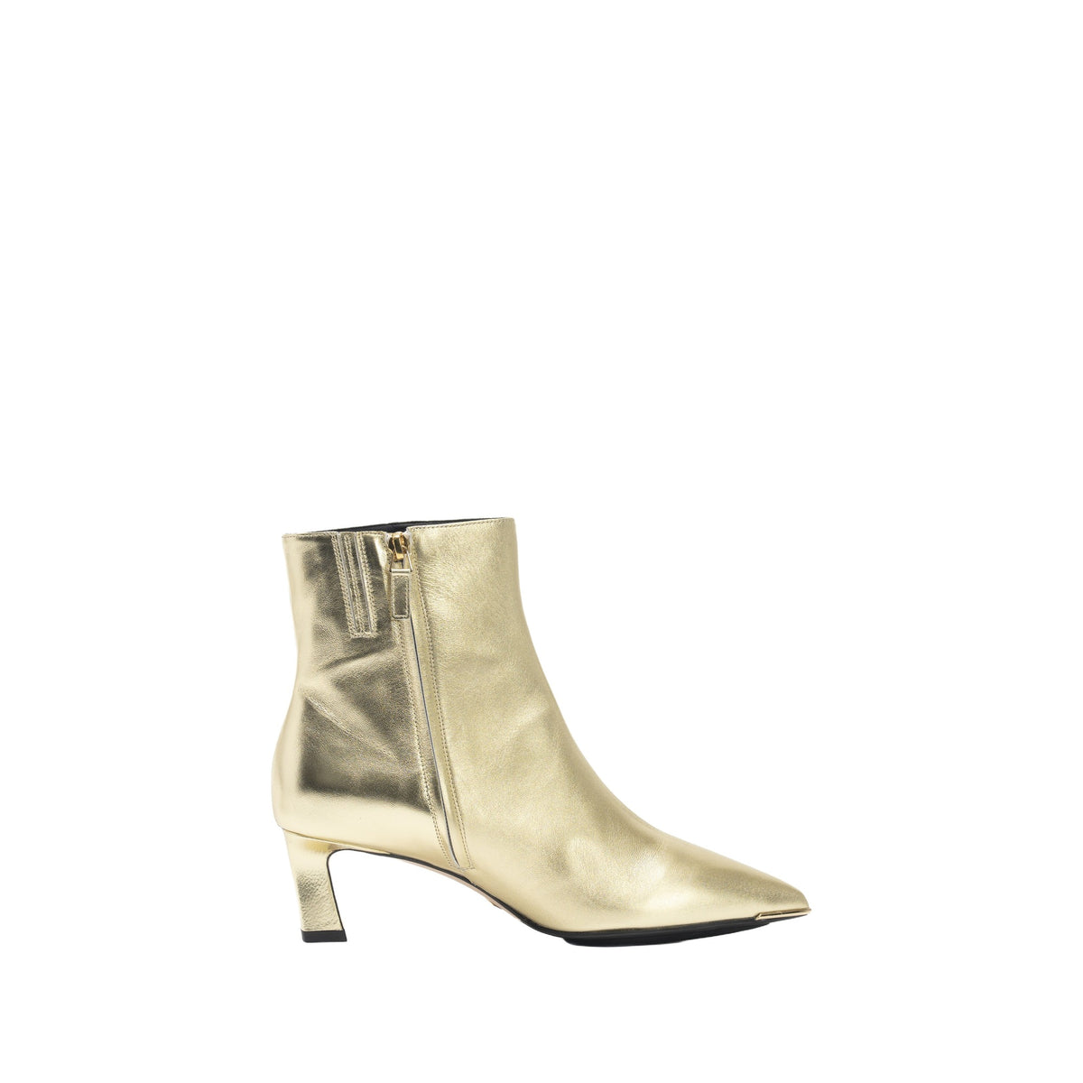 Scarlett Chase gold metallic ankle zip Aimee 55 bootie with a block heel and gore stretch | Profile of inner zipper of left shoe facing right on white background