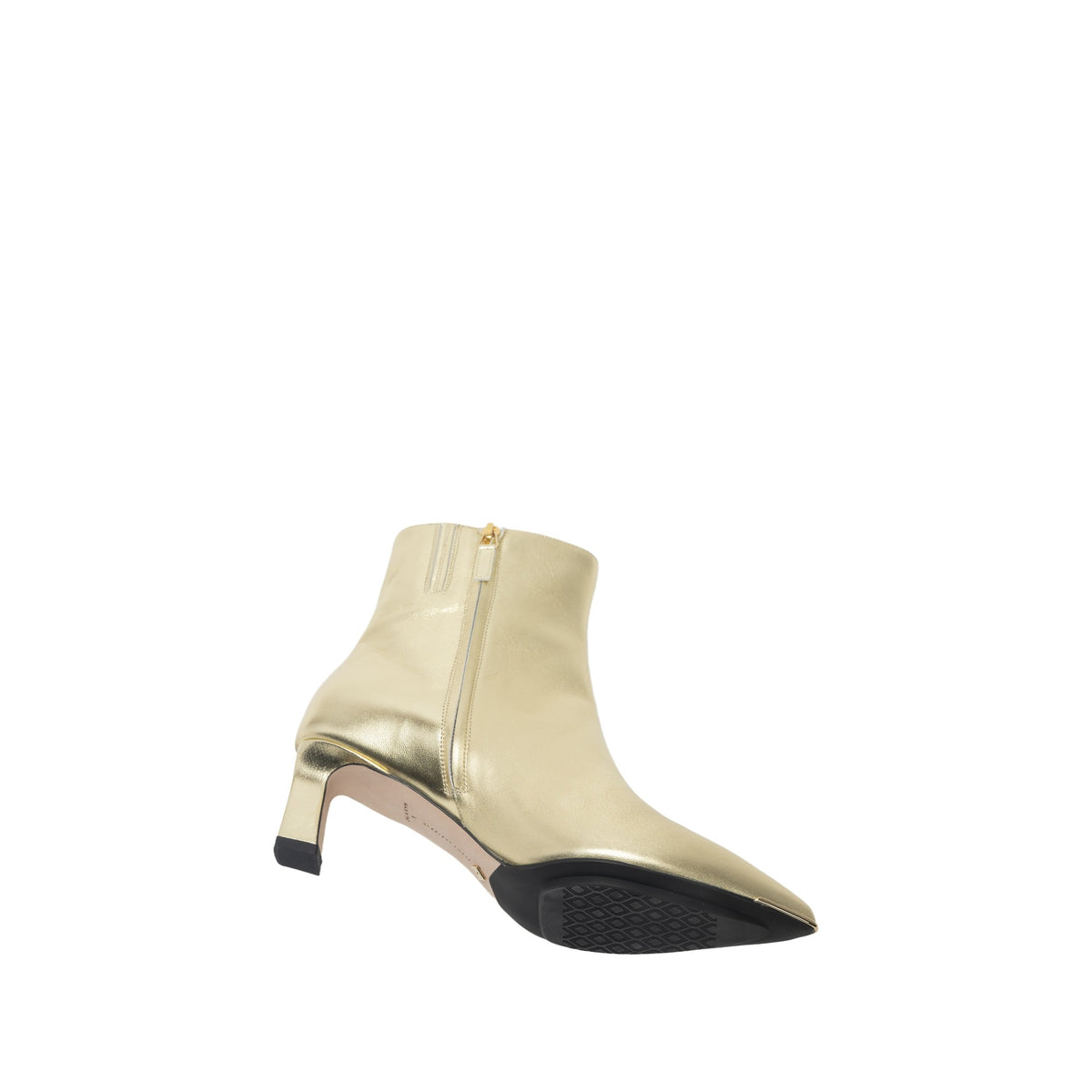 Scarlett Chase gold metallic ankle zip Aimee 55 bootie with a block heel and gore stretch | 3/4 view of heel laying on left side showing zipper on white background