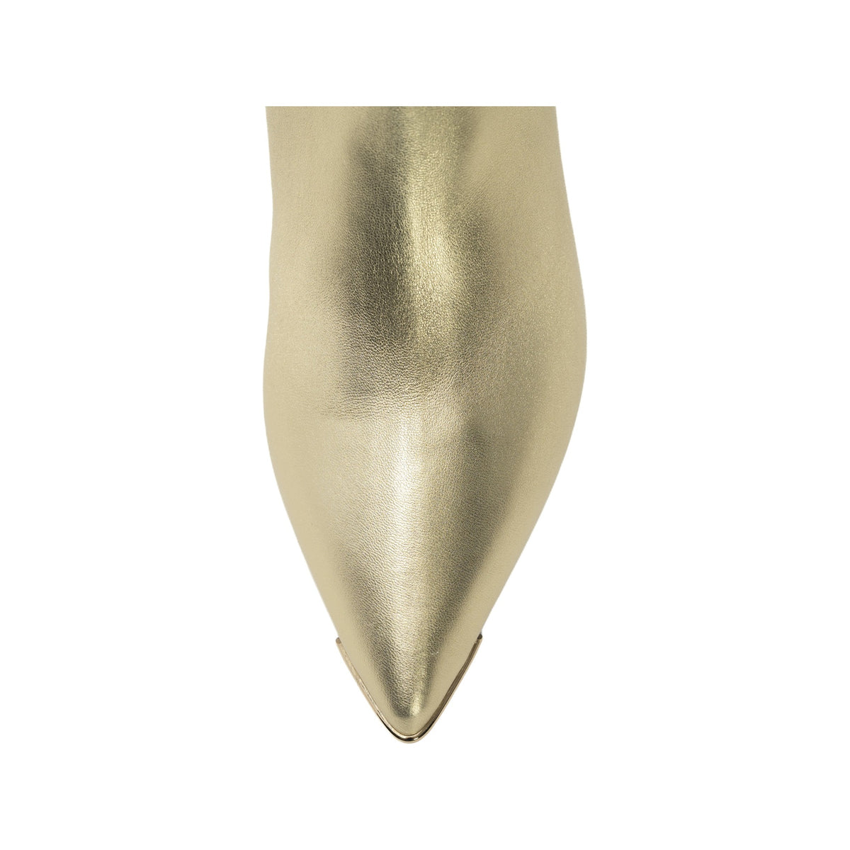 Scarlett Chase metallic gold ankle zip Aimee 55 bootie with a block heel and gore stretch | Detail shot of toe on white background