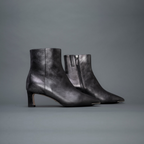 Scarlett chase Black Metallic Napa Aimee 55 bootie with a block heel and gore stretch | Side view of a pair on grey background