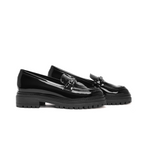 Scarlett Chase Arden Lug Loafer in Black Patent with a lightweight sole and SC accessory | Pic of two shoes staggered on white background
