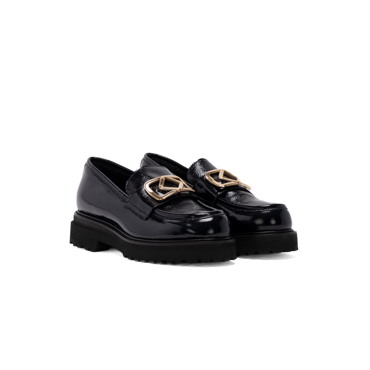 Scarlett Chase Ashton Lug Loafer in Crinkle Navy Patent | Pair 3/4 profile on a white background