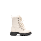 Scarlett Chase Aspen Mid-Calf Winter Shearling Boot with silver eyelets and a white lace | white background