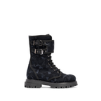 Scarlett Chase Athena Combat Boot with a lightweight sole, functioning hardware, and a hidden zipper | Nylon, Black Camouflage side view on white background