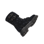 Scarlett Chase Athena Combat Boot with a lightweight sole, functioning hardware, and a hidden zipper | Nylon, Black Camouflage side view, laying flat on white background