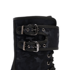 Scarlett Chase Athena Combat Boot with a lightweight sole, functioning hardware, and a hidden zipper | Nylon, Black Camouflage side view on white background, zoom in on double buckle detail