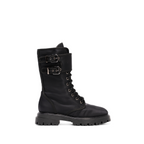 Scarlett Chase Athena Combat Boot with a lightweight sole, functioning hardware, and a hidden zipper | Black Nylon boot show in side view on white background