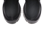 Scarlett Chase Athena Combat Boot with a lightweight sole, functioning hardware, and a hidden zipper | Black Nylon boot overhead zoom in on toe shape and stitching