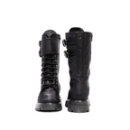 Scarlett Chase Athena Combat Boot with a lightweight sole, functioning hardware, and a hidden zipper | Black Nylon boot show on white background, one boot facing forward, one boot facing backward