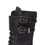 Scarlett Chase Athena Combat Boot in Black Nylon with a lightweight sole, functioning hardware, and a hidden zipper | Focus on Double silver buckle hardware shown in side view on white background