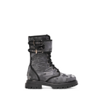 Scarlett Chase Athena Combat Boot with a lightweight sole, functioning hardware, and a hidden zipper || Nylon, Gray camouflage, black piping side view on white background