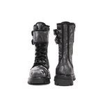 Scarlett Chase Athena Combat Boot with a lightweight sole, functioning hardware, and a hidden zipper | | Nylon, Gray camouflage, black piping- one boot shows front view, the second shows back view on white background